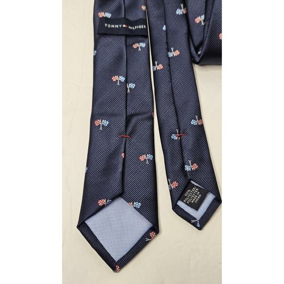 Tommy Hilfiger Boys Racing Neck Tie Polyester Blend Navy Blue Flags - Picture 4 of 5